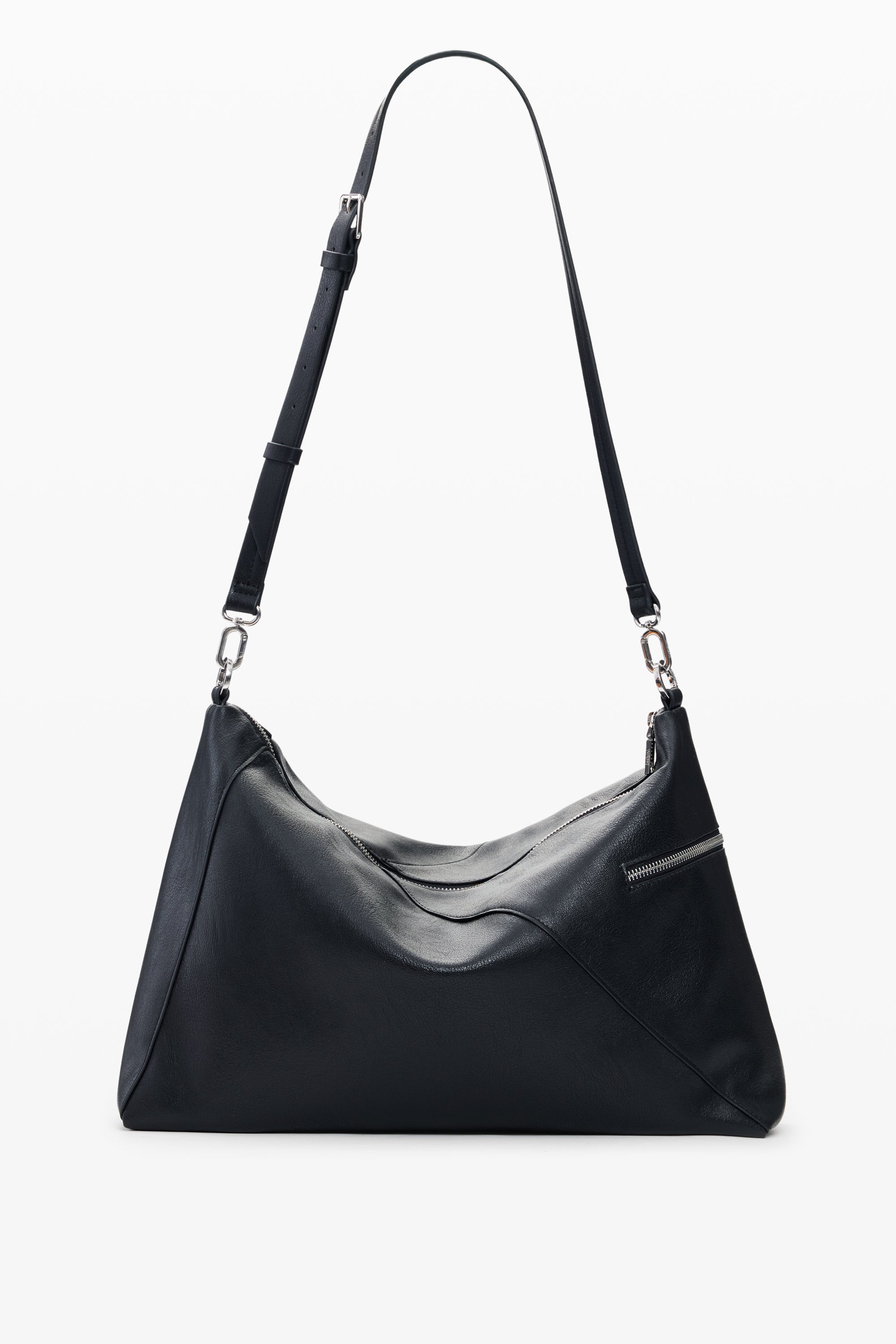 תיק כתף שחור עם רצועה מתכווננת ורוכסן צד, עיצוב מודרני לנשים