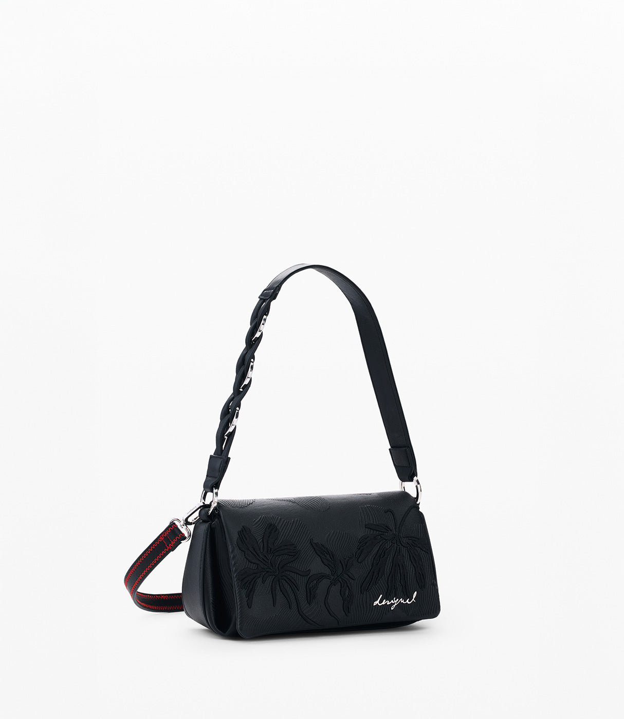 תיק צד שחור לאישה עם הדפס פרחים מובלט ורצועת כתף מעוצבת