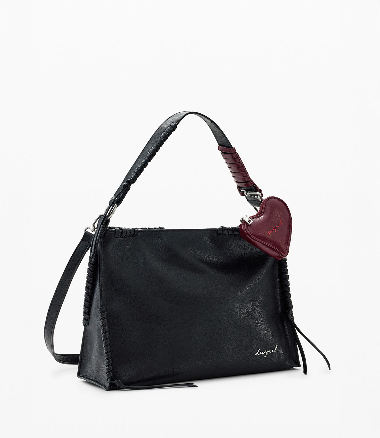תיק יד שחור לאשה עם תוספת קישוט לב בורדו, רצועה מתכווננת ועיצוב מודרני