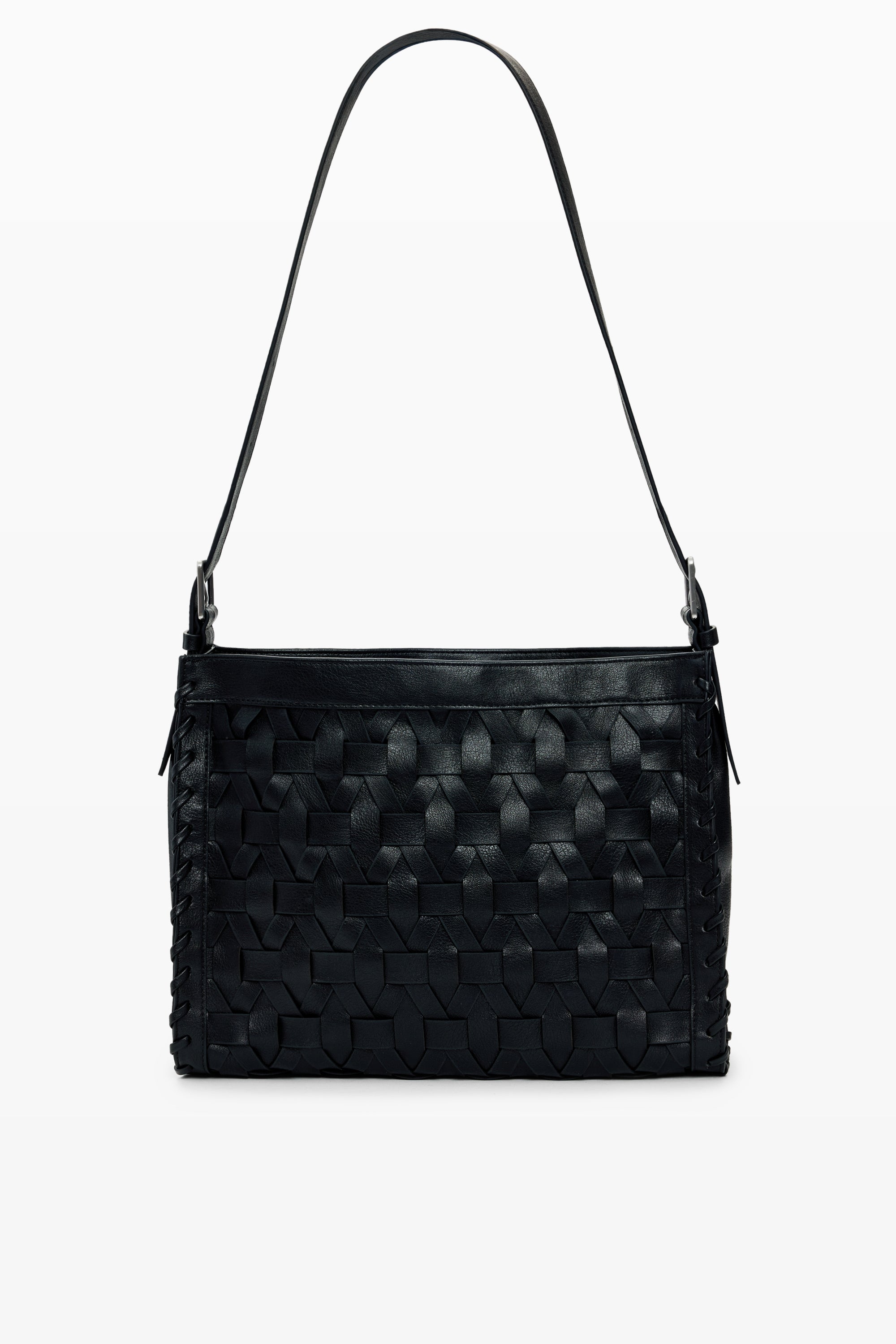 תיק עור שחור לנשים עם רצועה ארוכה ועיצוב קלוע גאומטרי מודרני