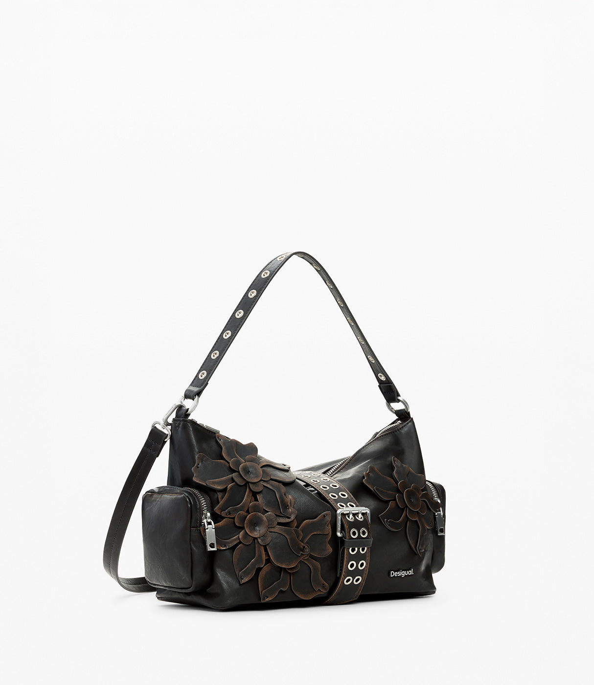 תיק צד לנשים בצבע שחור עם עיטורי פרחים, רצועה עם ניטים וכיסים צדדיים
