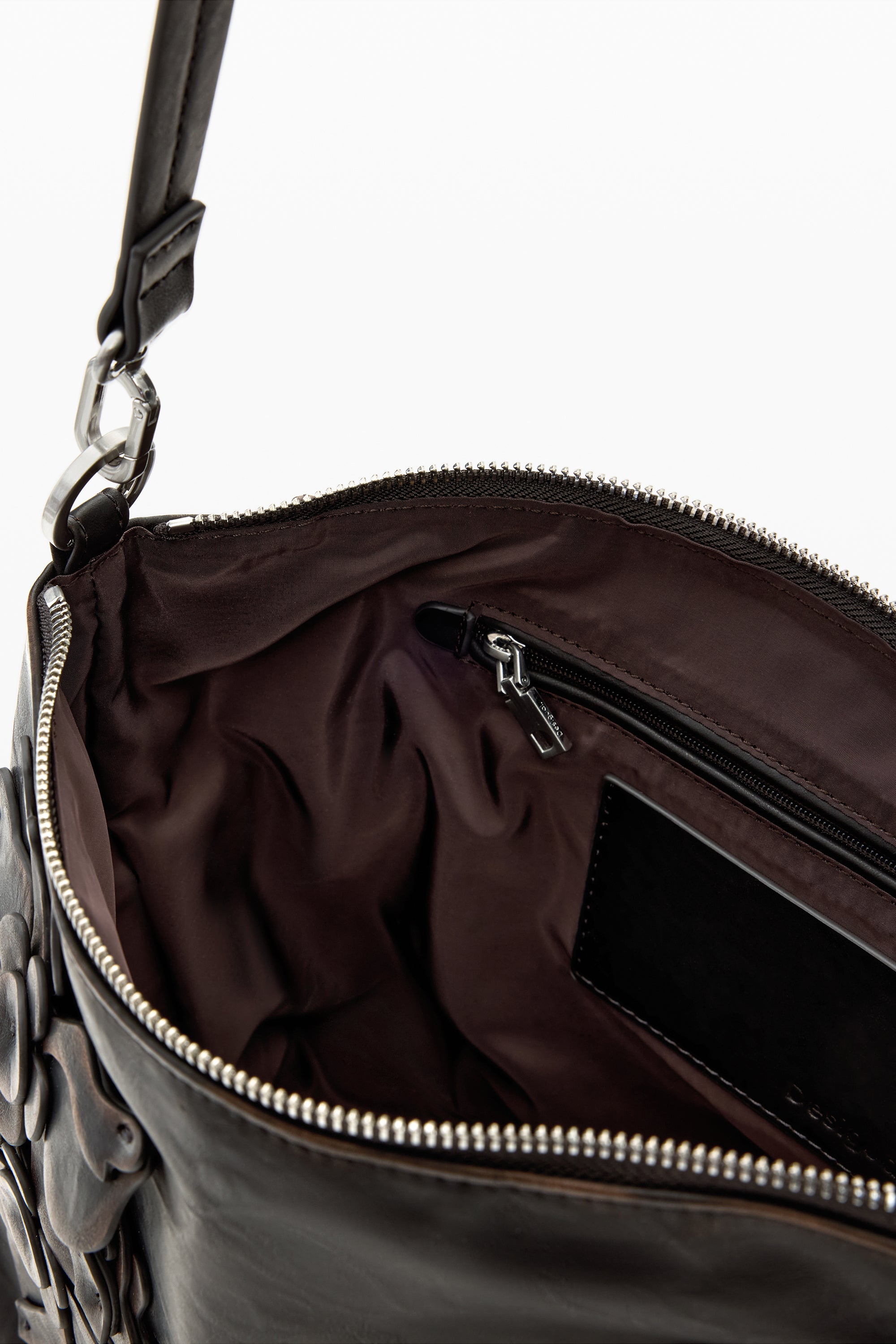 פנים תיק יד שחור עם רוכסן וכיס פנימי, עור איכותי, אביזרי אופנה לנשים