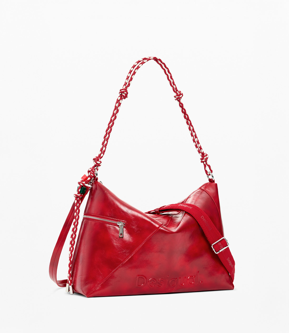 תיק כתף אופנתי גדול בצבע אדום עם רצועה קלועה ורוכסן קדמי, דגם מעוצב לנשים