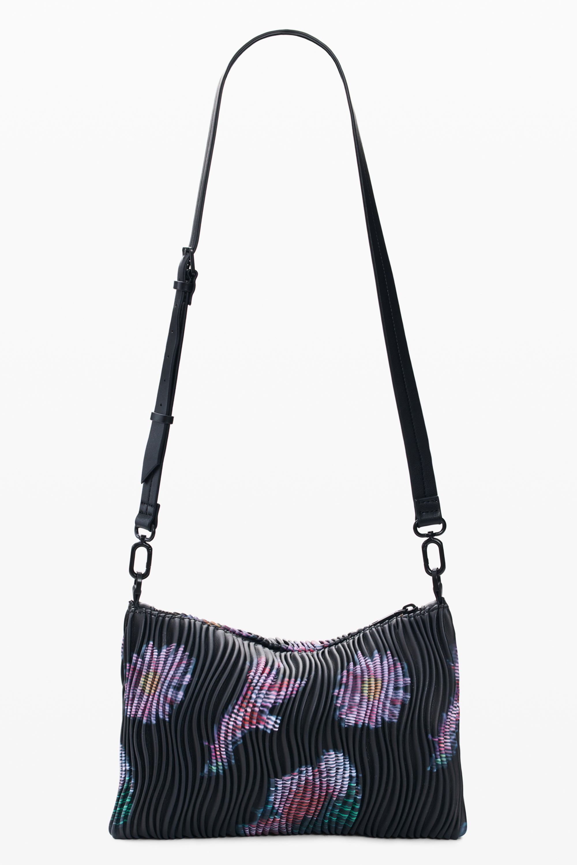 תיק צד שחור עם דוגמת פרחים צבעונית ורצועה מתכווננת לאישה, אופנתי ומיוחד