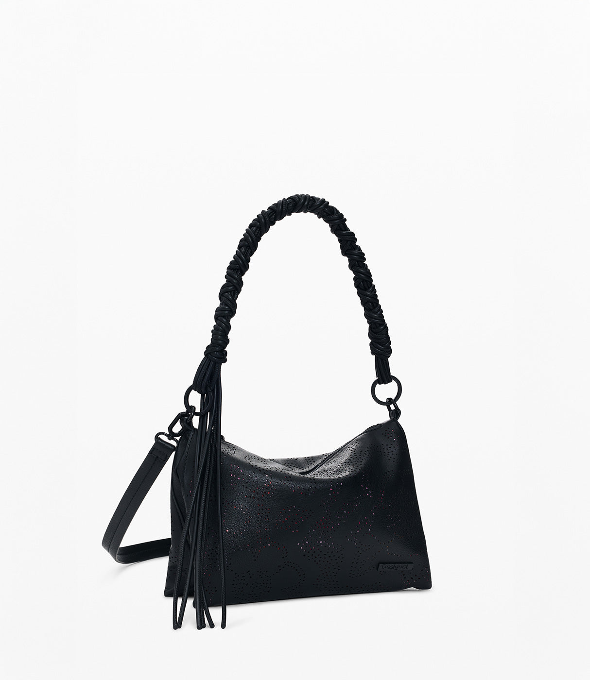 תיק יד שחור עם רצועה קלועה ודוגמת חירור אופנתית, עיצוב מודרני לנשים