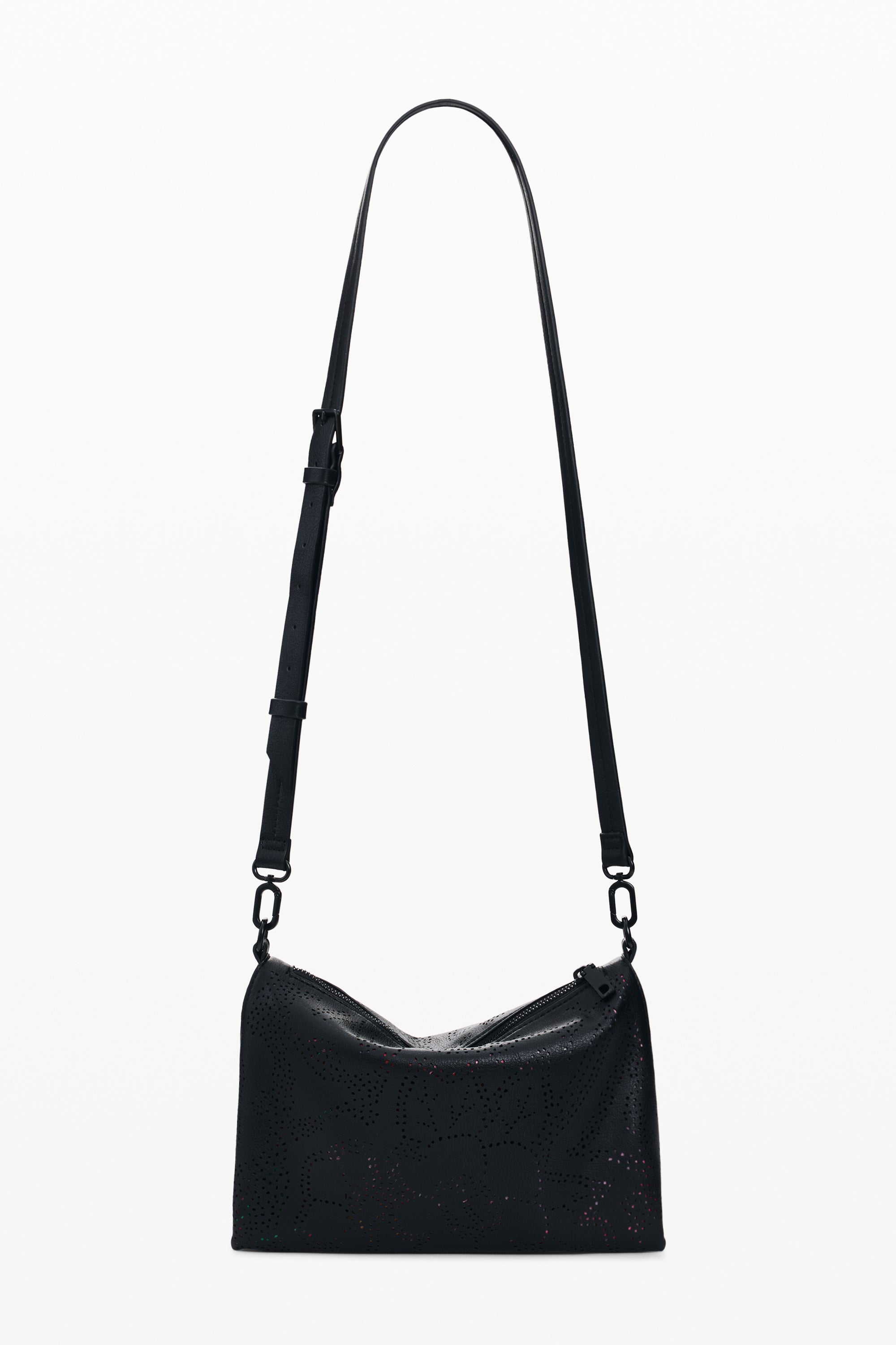 תיק צד שחור עם רצועה מתכווננת, עיצוב מינימליסטי ודוגמת חיתוך לייזר, אופנה לנשים