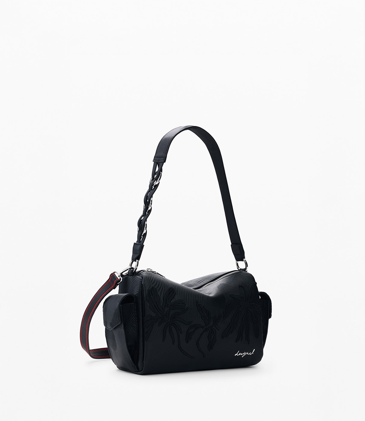 תיק צד שחור עם רצועת עור, רקמת עלים ודגם מודרני, תיק אופנתי לנשים