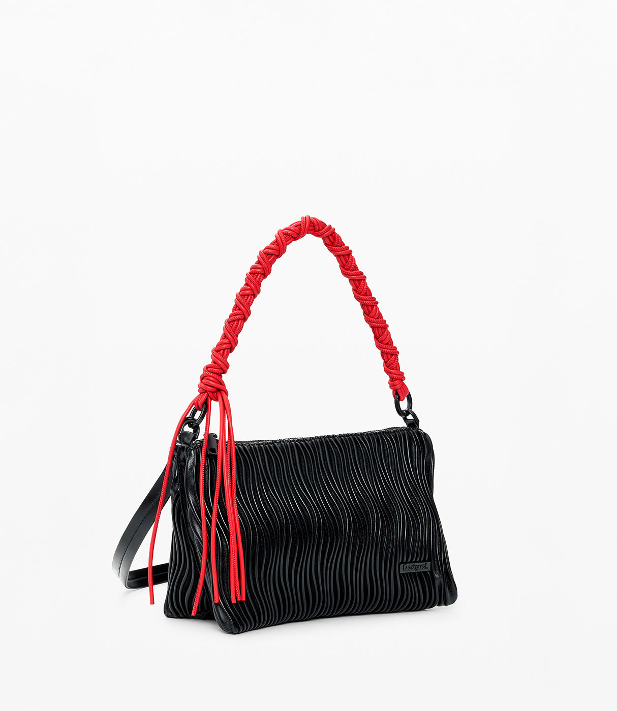 תיק יד אופנתי שחור עם עיצוב גלי וידית קלועה באדום, מתאים לאופנת נשים מודרנית