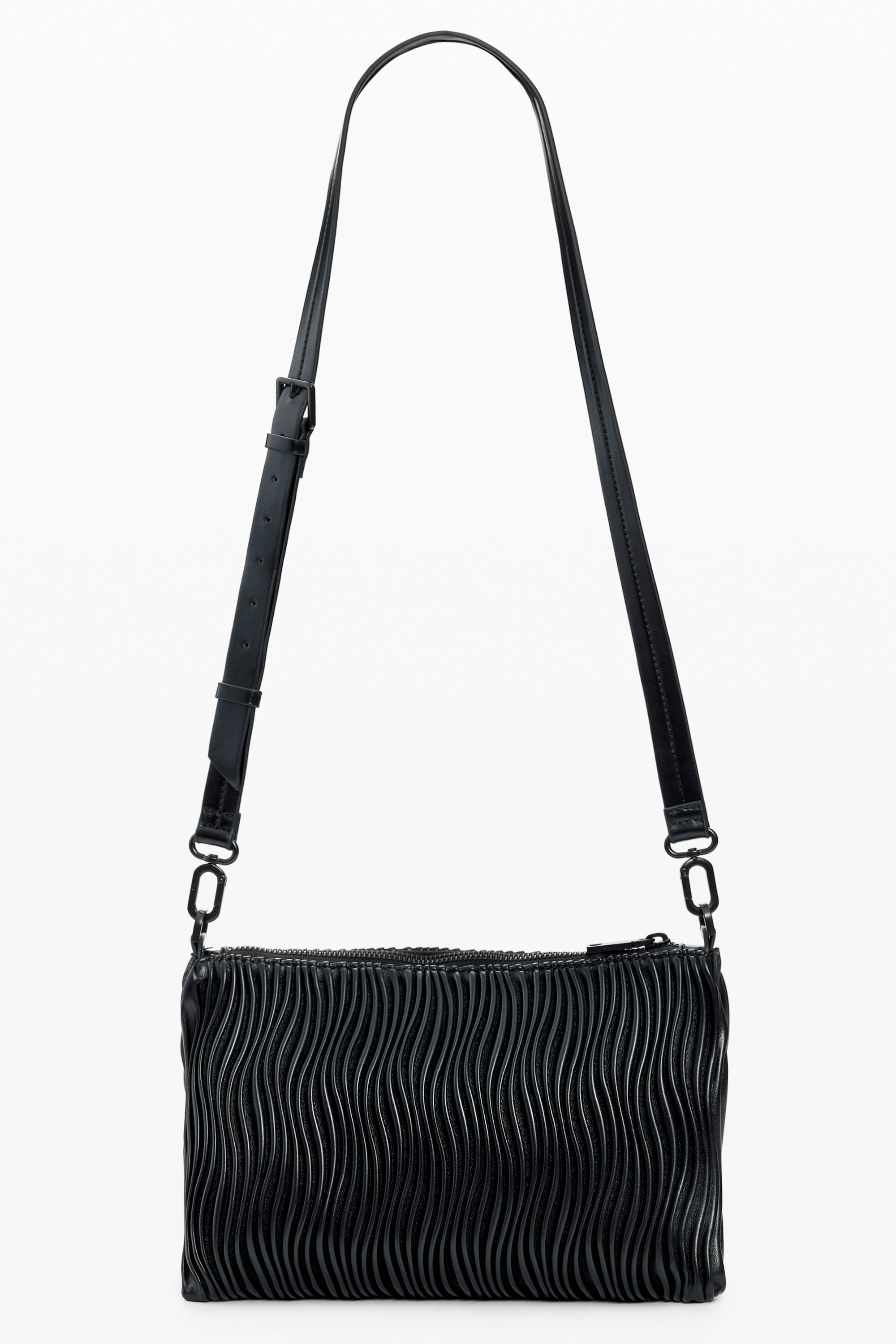 תיק כתף מעור שחור עם רצועה מתכווננת ודוגמת קווים גלים, אופנתי לנשים