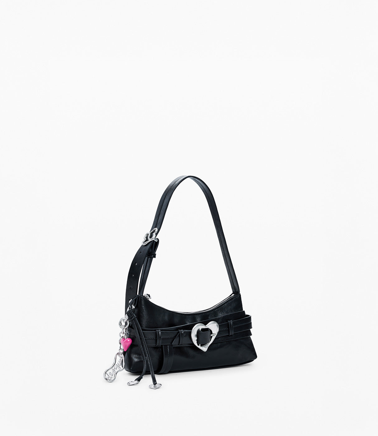 תיק כתף קטן בצבע שחור עם אבזם לב כסוף וקישוטים ורודים ומתכת, אופנה לנשים