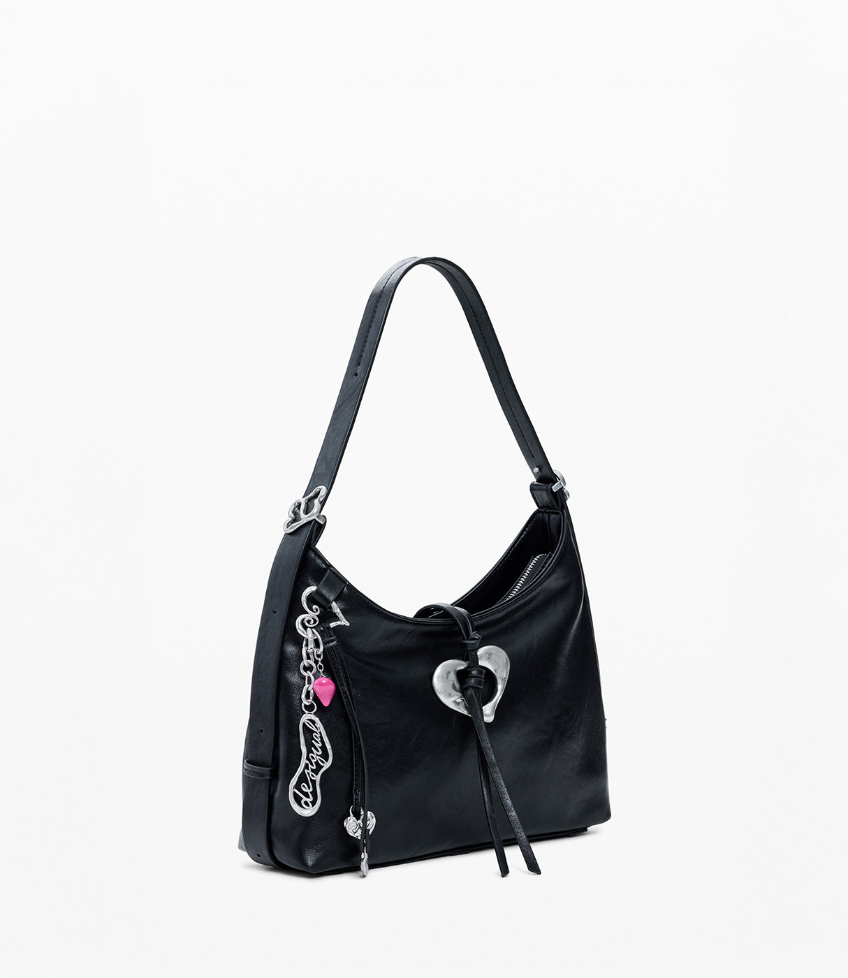 תיק כתף שחור עם קישוטי מתכת וכפתור לב, אביזר אופנתי לנשים