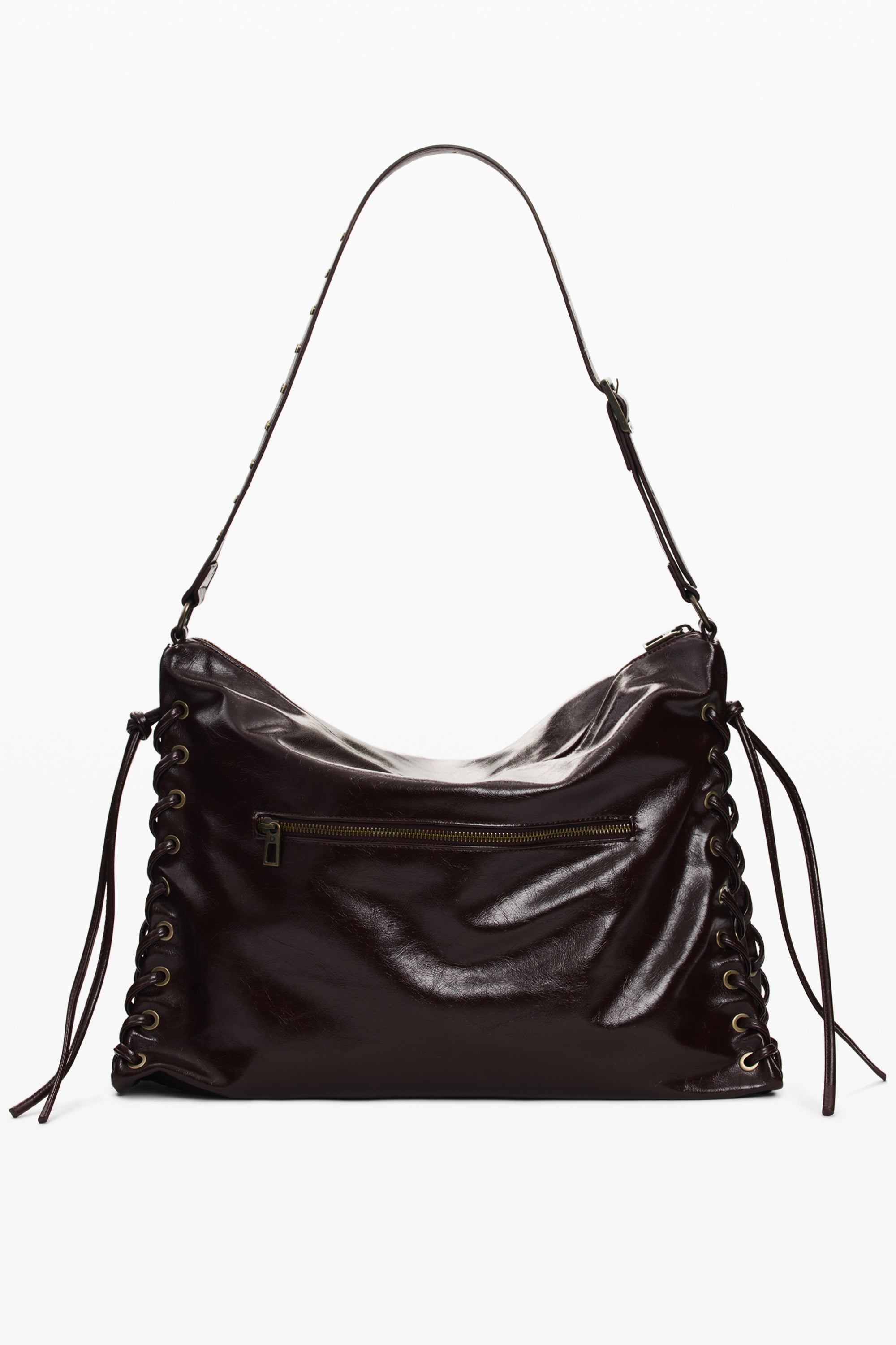 תיק כתף עור חום כהה עם רוכסן קדמי וחיתוך לולאות מעוצב, מראה אלגנטי לנשים