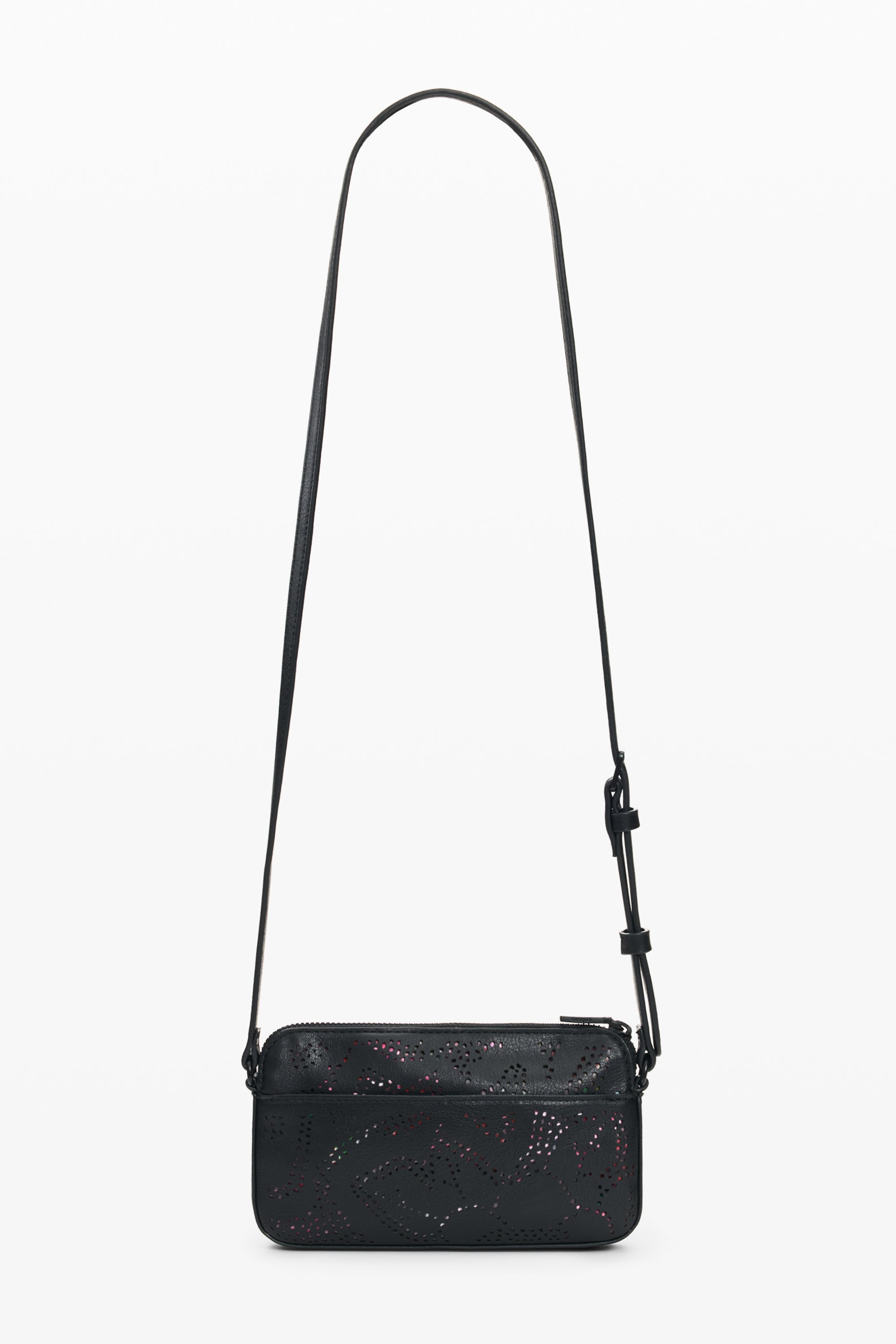 תיק צד קטן לנשים, עור שחור עם דוגמת חיתוך לייזר, רצועה ארוכה, עיצוב אלגנטי