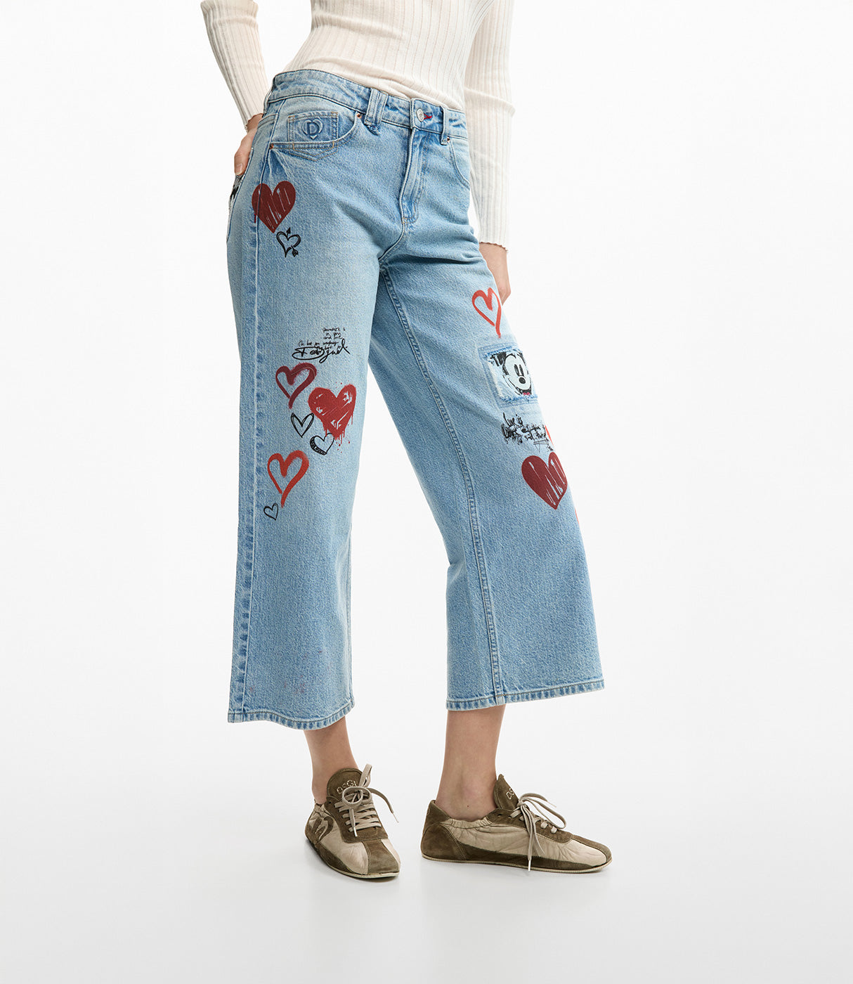 מכנסי ג'ינס רחבים לנשים עם ציורי לבבות ודמויות, אופנה טרנדית קז'ואל