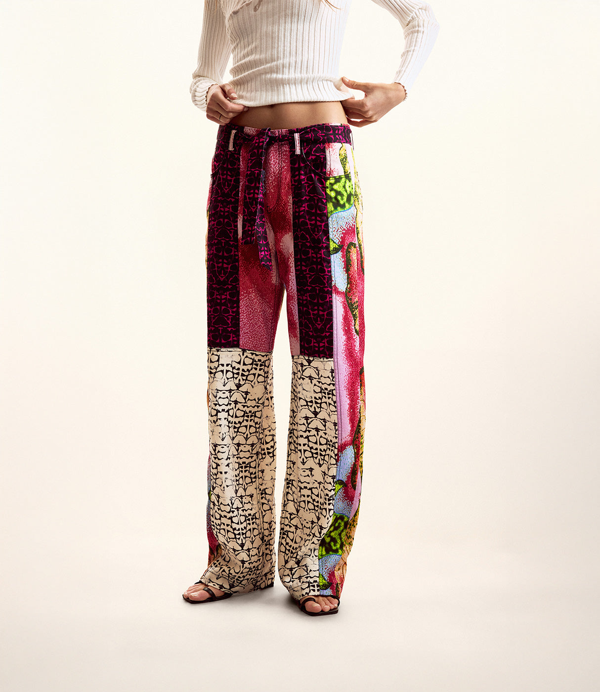 מכנסיים רחבות בדוגמת פאצ'וורק צבעוני לנשים, משולבות הדפסים ייחודיים, אופנה טרנדית