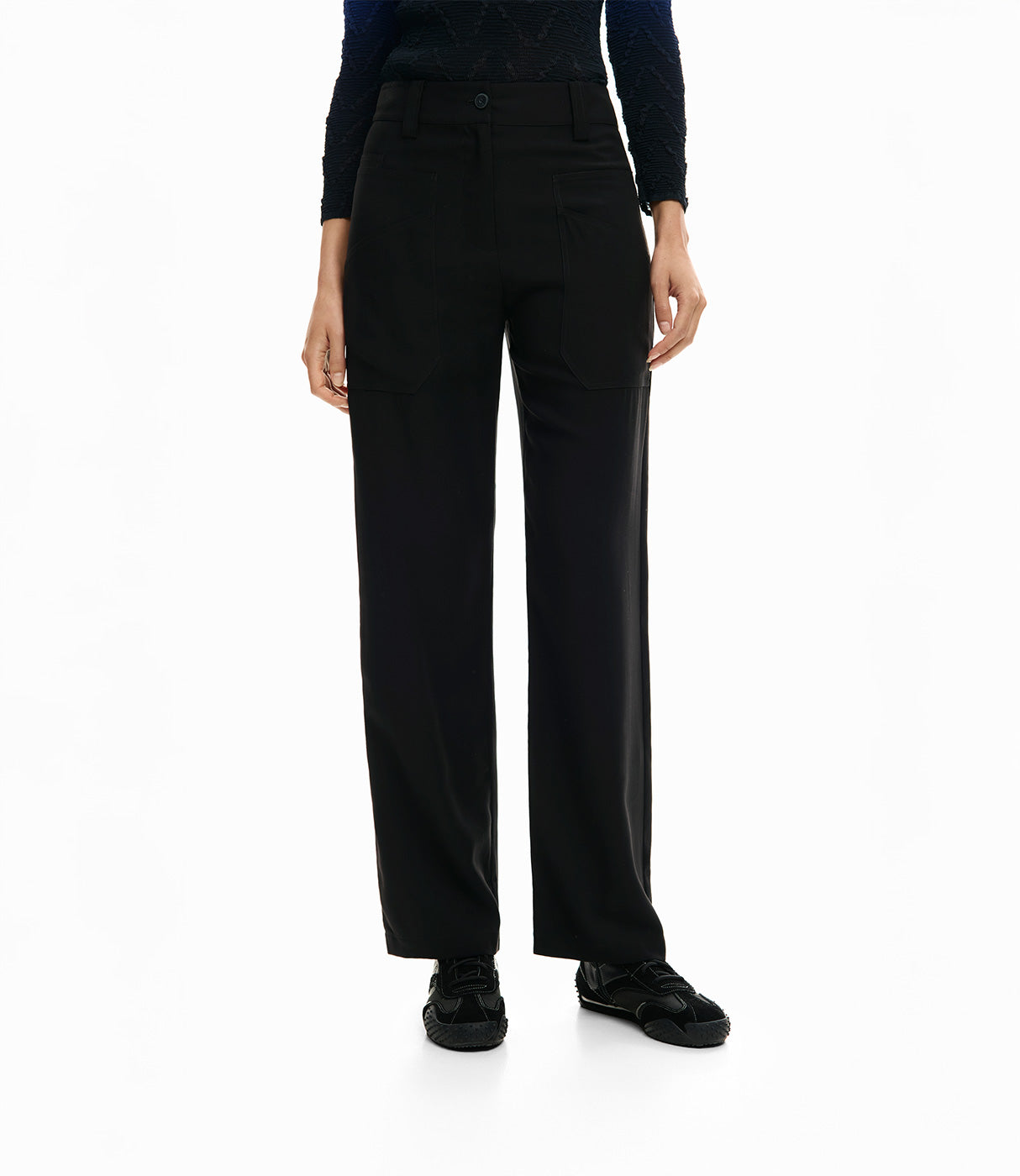 מכנסיים שחורים רחבים לנשים עם כיסים קדמיים, אופנת נשים מודרנית