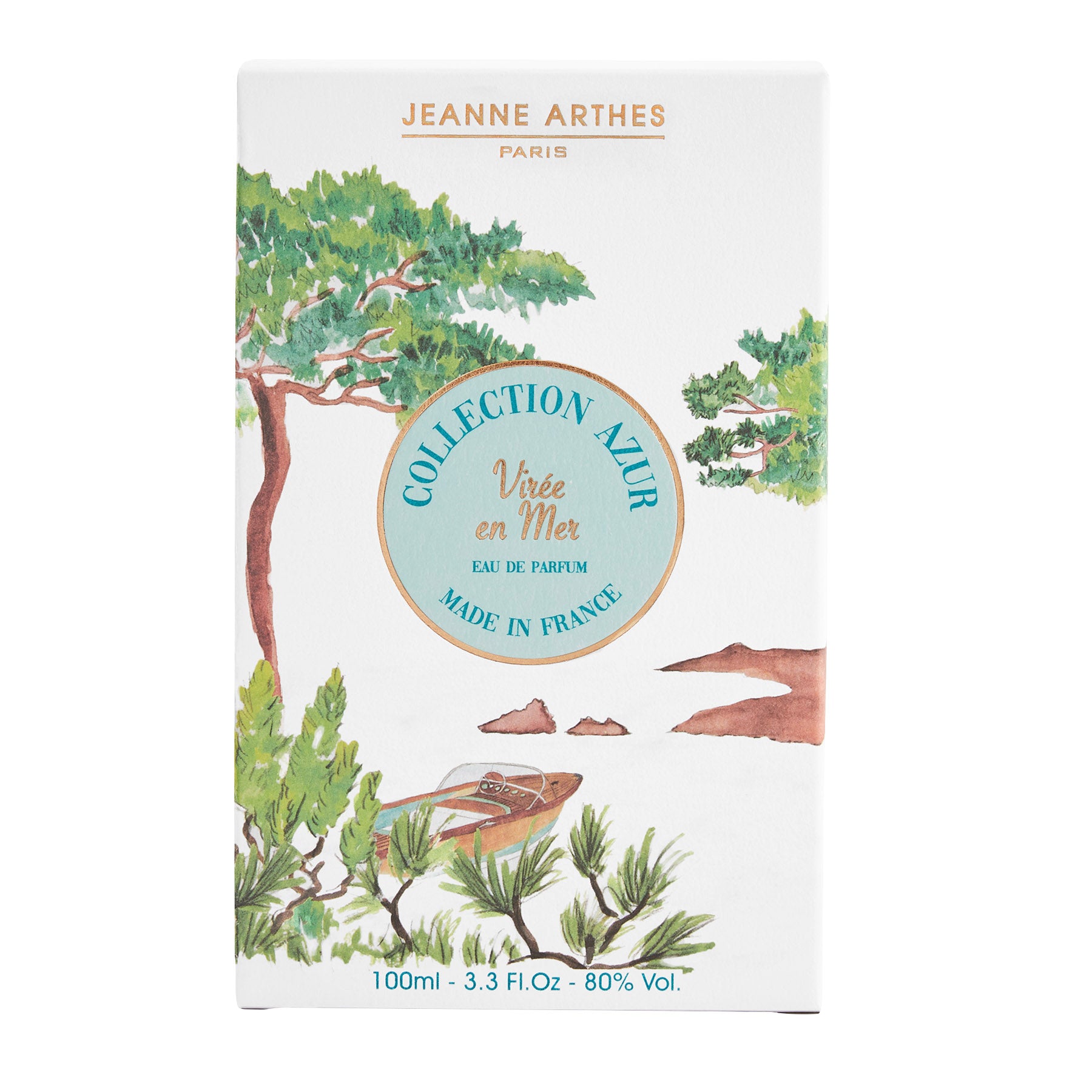 אריזת בושם Jeanne Arthes עם ציור עצים וסירה, טקסט קולקציית אזור, 100 מ"ל
