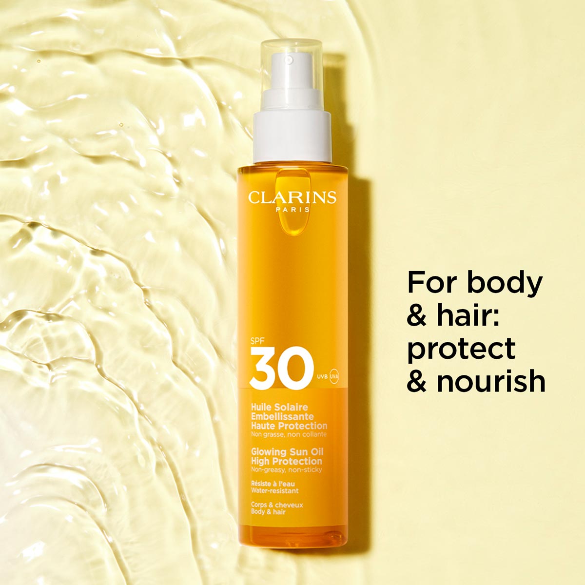 שמן הגנה Clarins SPF 30 לגוף ולשיער, עמיד במים, מעניק הגנה ותזונה