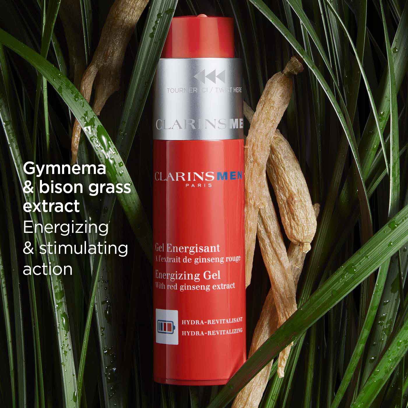 ג'ל אנרגטי לגברים של קלרינס, מונח בין עלים ירוקים, מיועד להמרצת העור עם תמצית ג'ינסנג