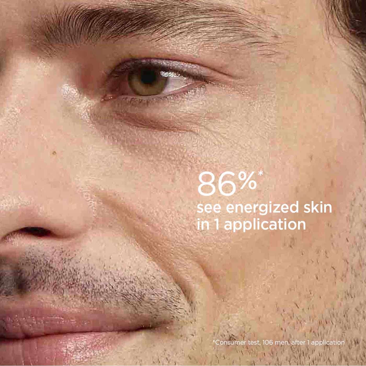 תקריב של פנים גבר עם עור פנים בריא, טקסט באנגלית על תוצאות אפקטיביות לעור