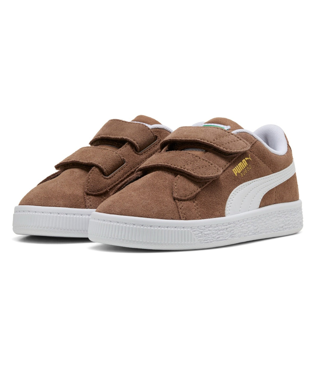 זוג סניקרס SUEDE CLASSIC V לילדים בצבע חום עם פס לבן, מבט משולב מלפנים - CHOZEN