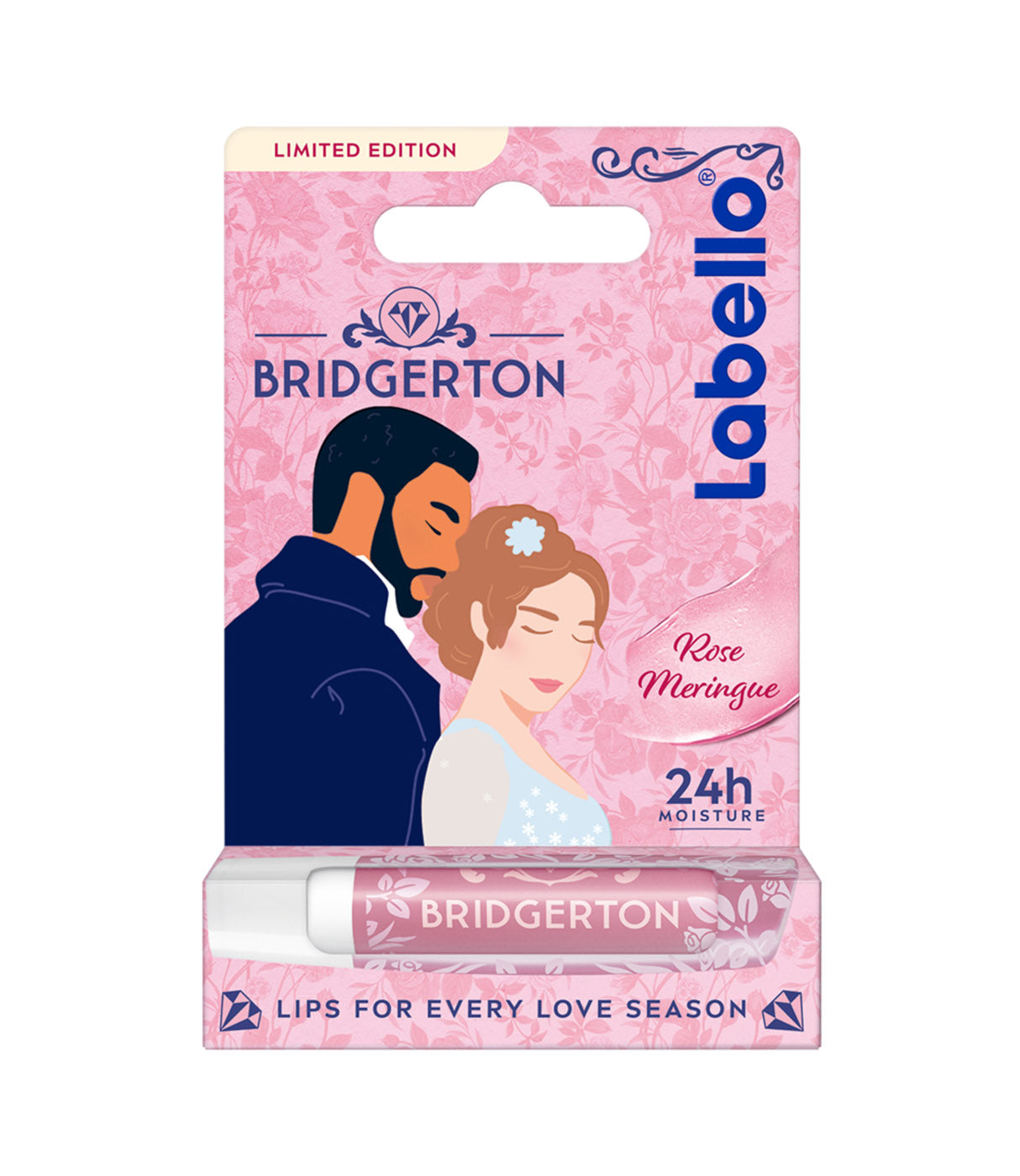 שפתון לחות Labello מהדורה מוגבלת ברידג'רטון, טעם רוז מרנג, עטיפה ורודה מעוטרת, לחות 24 שעות.