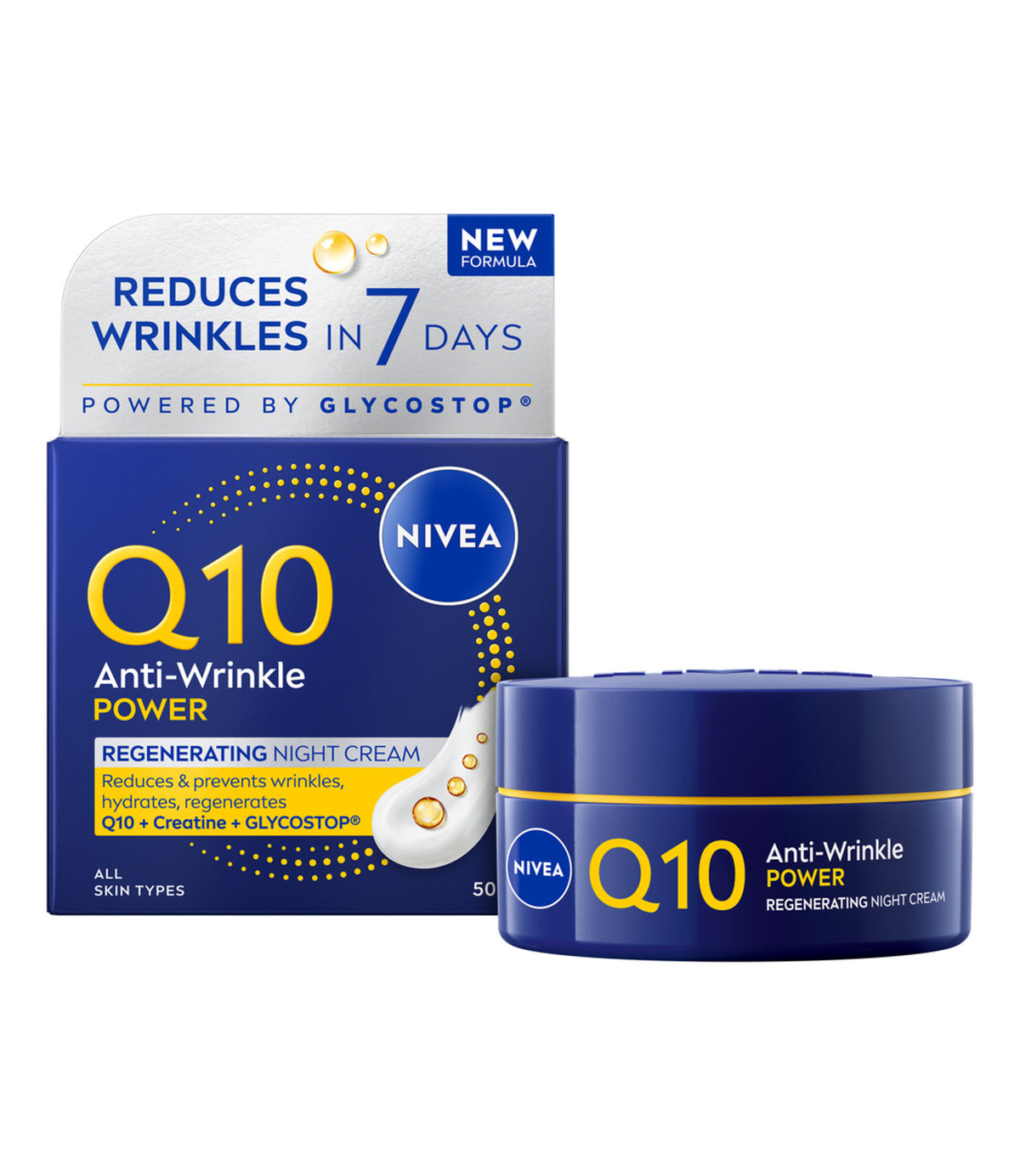 קרם לילה NIVEA Q10 POWER אנטי אייג'ינג מוצק, מוצג באריזה כחולה, מותג בינלאומי ב-CHOZEN