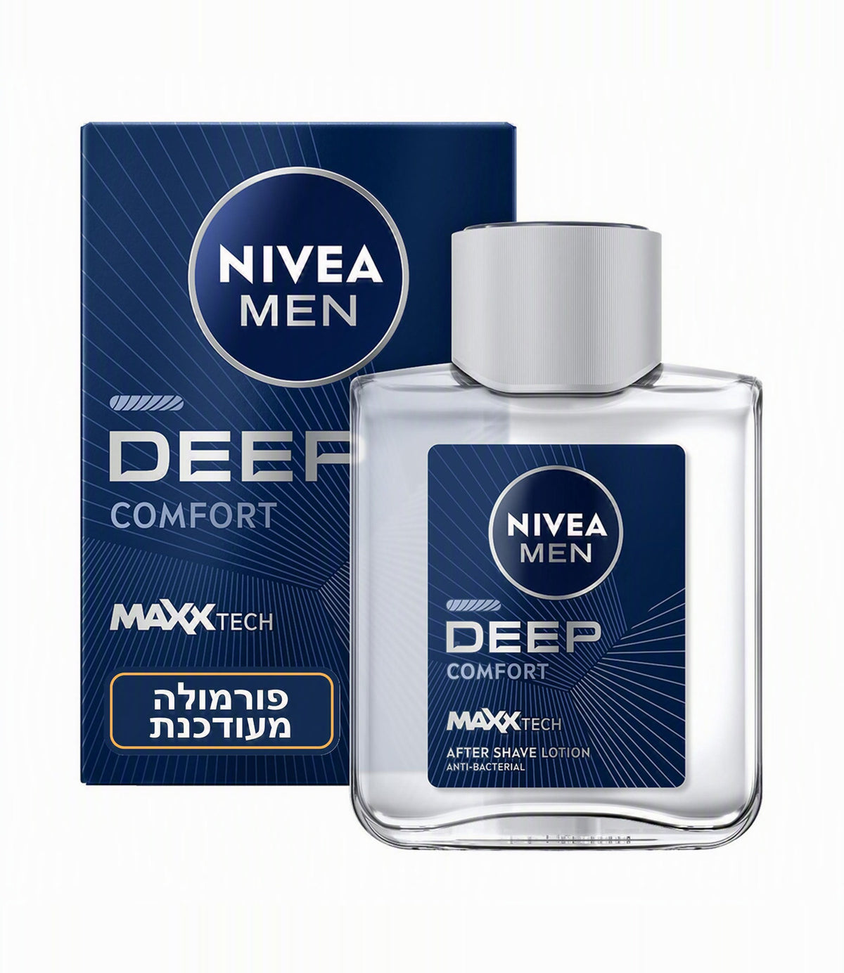 תחליב אפטר שייב Nivea Men Deep Comfort לגברים, אריזה ובקבוק, מותג יוקרה ב-CHOZEN