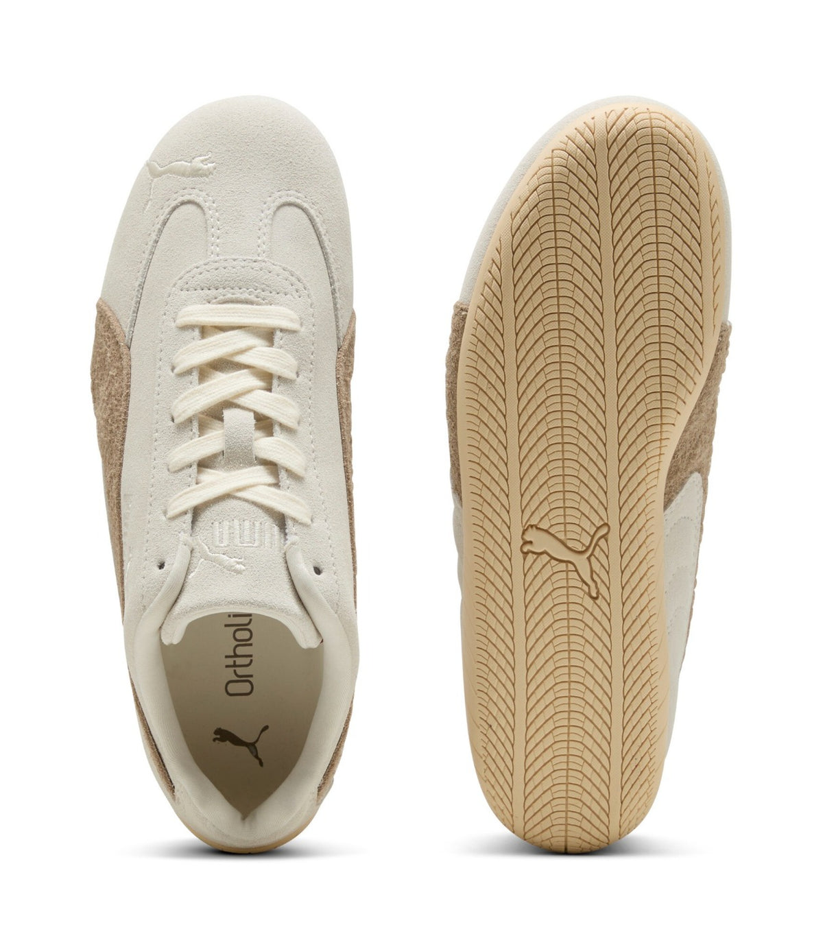 PUMA סניקרס בצבע warm white עם ice coffee, מבט מלמעלה ועל הסוליה - CHOZEN