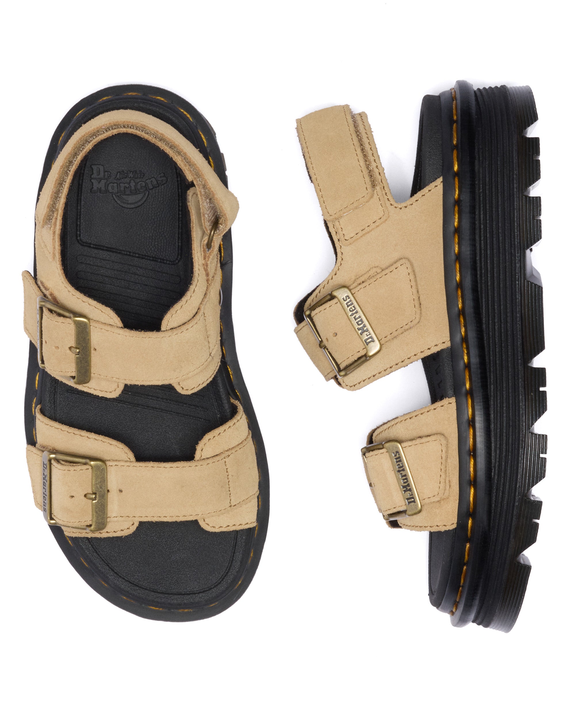 סנדלי גברים בז׳ עם סוליה עבה, אבזמי מתכת וריפוד שחור, עיצוב טרנדי ונוחות מירבית