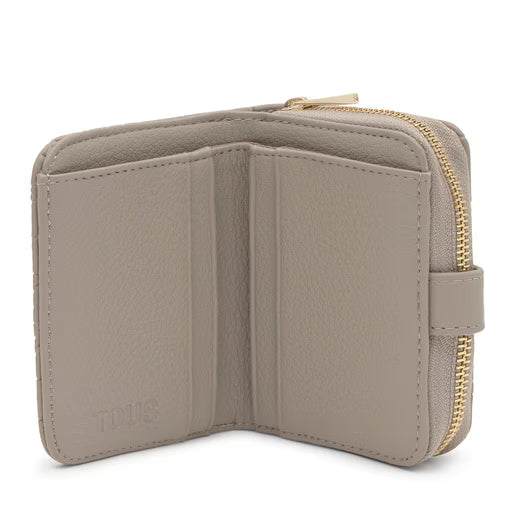 ארנק עור נשים אפור מעוצב, פתוח, רוכסן זהב, מותג TOUS, באתר CHOZEN