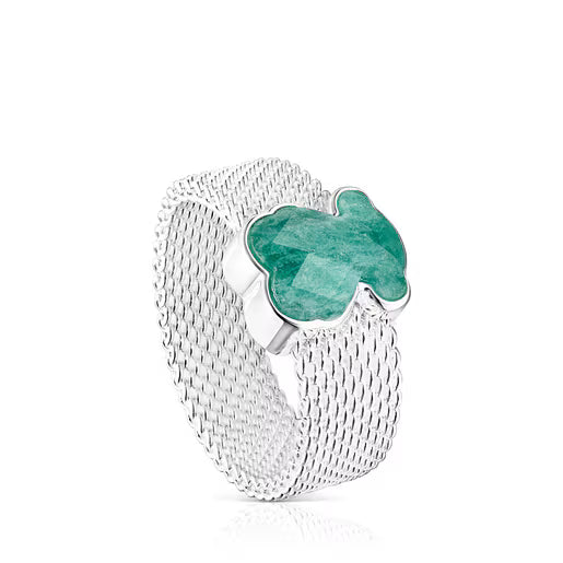 טואוס טבעת TOUS Mesh Color מכסף עם מוטיב דובון מאבן אמאזוניט מלוטשת
