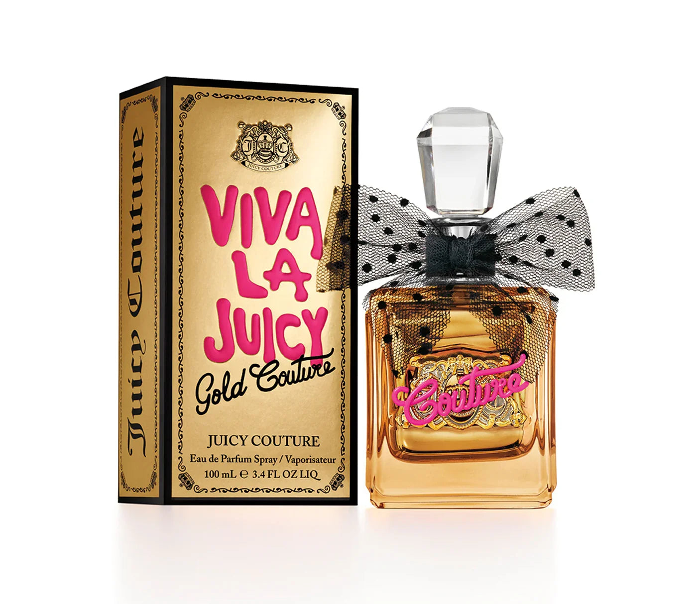 בושם Viva La Juicy Gold Couture 100 מ"ל לאישה, בקופסה זהובה ומעוצבת, עם פקק קריסטל וסרט שחור מנוקד