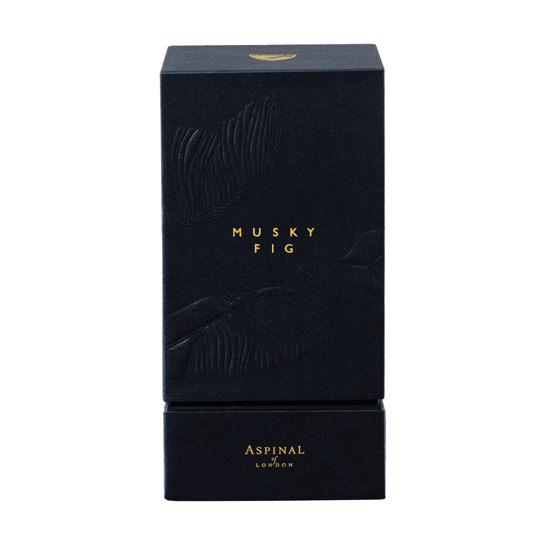 אריזת בושם יוקרתית Aspinal of London MUSKY FIG בצבע שחור, מוצג על רקע לבן, מיתוג מהמובילים ב-CHOZEN