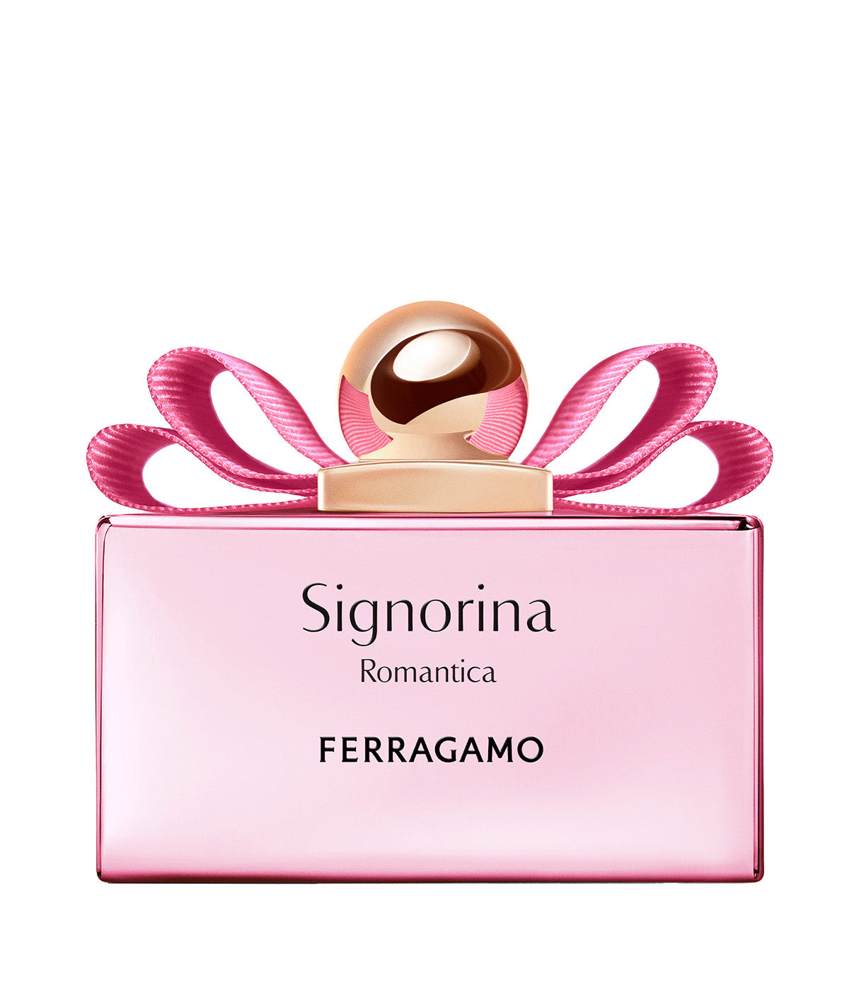 בקבוק בושם ורוד עם פקק עגול וכיתוב Signorina Romantica Ferragamo