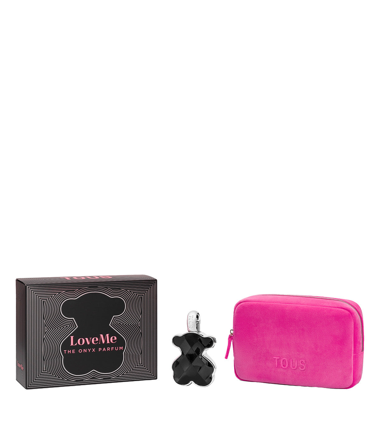 סט בושם LoveMe Onyx בפרפיום דובי שחור עם קופסה ורודה ותיק קוסמטיקה ורוד