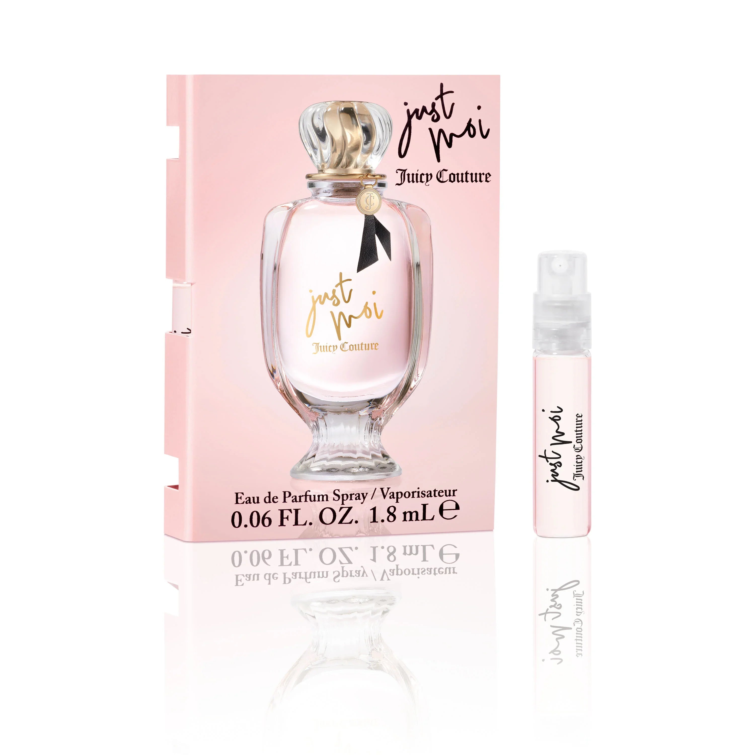 דוגמית בושם Juicy Couture Just Moi על רקע ורוד מבריק מחנות CHOZEN
