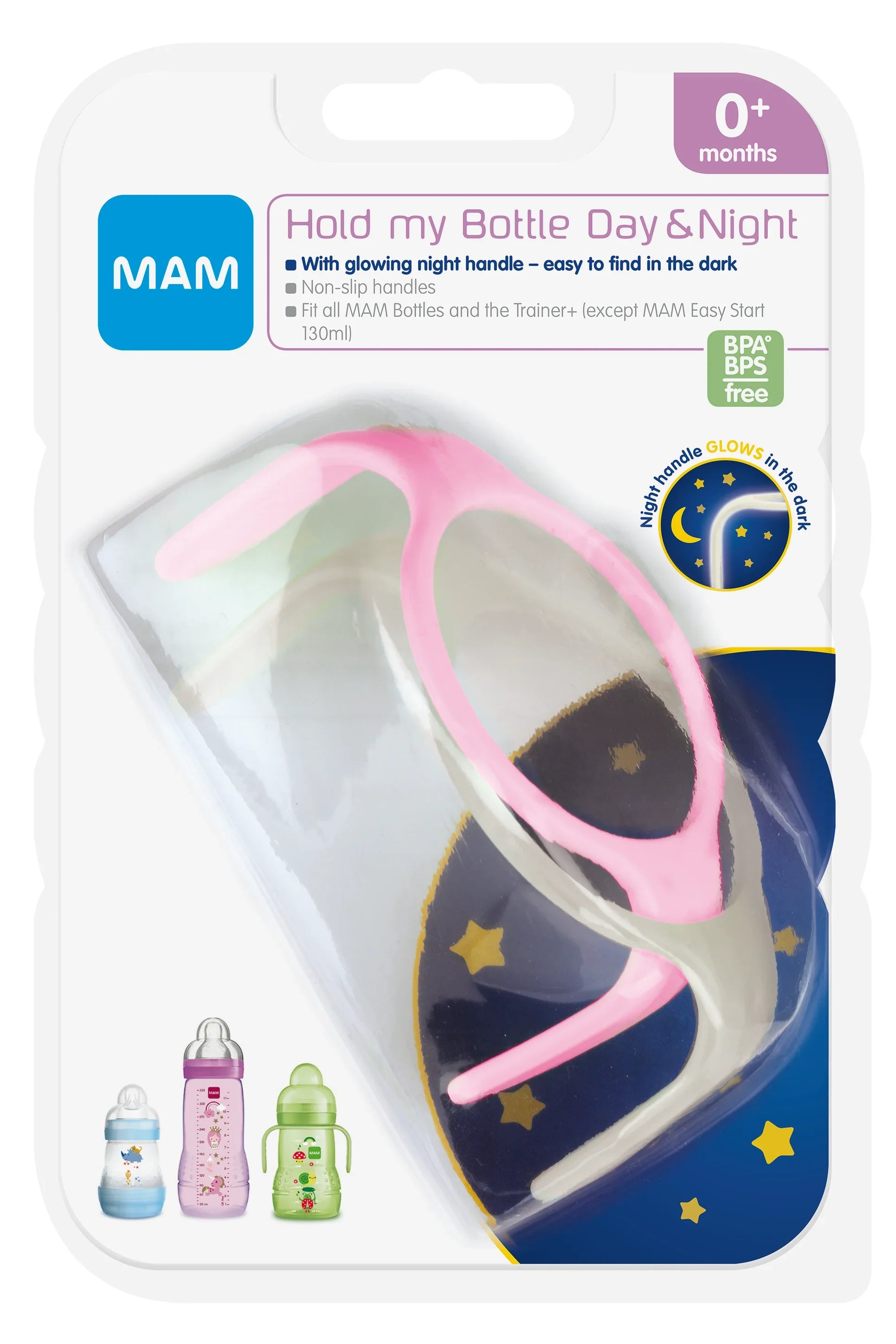 ידית זוהרת לבקבוק תינוקות, בצבע ורוד-לבן, מתאימה עבור מבלי MAM, באריזת קרטון עם סימן BPA free