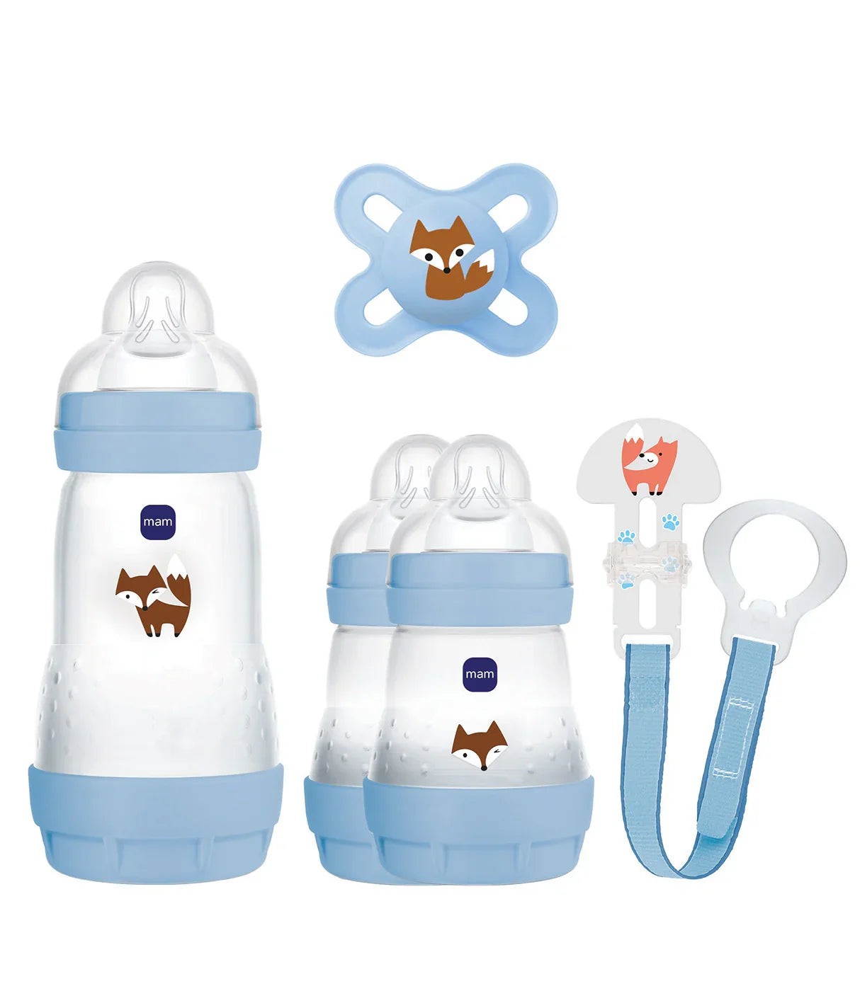 סט בקבוקים ומוצץ לתינוק בצבע תכלת עם ציור שועל, כולל מחזיק מוצץ
