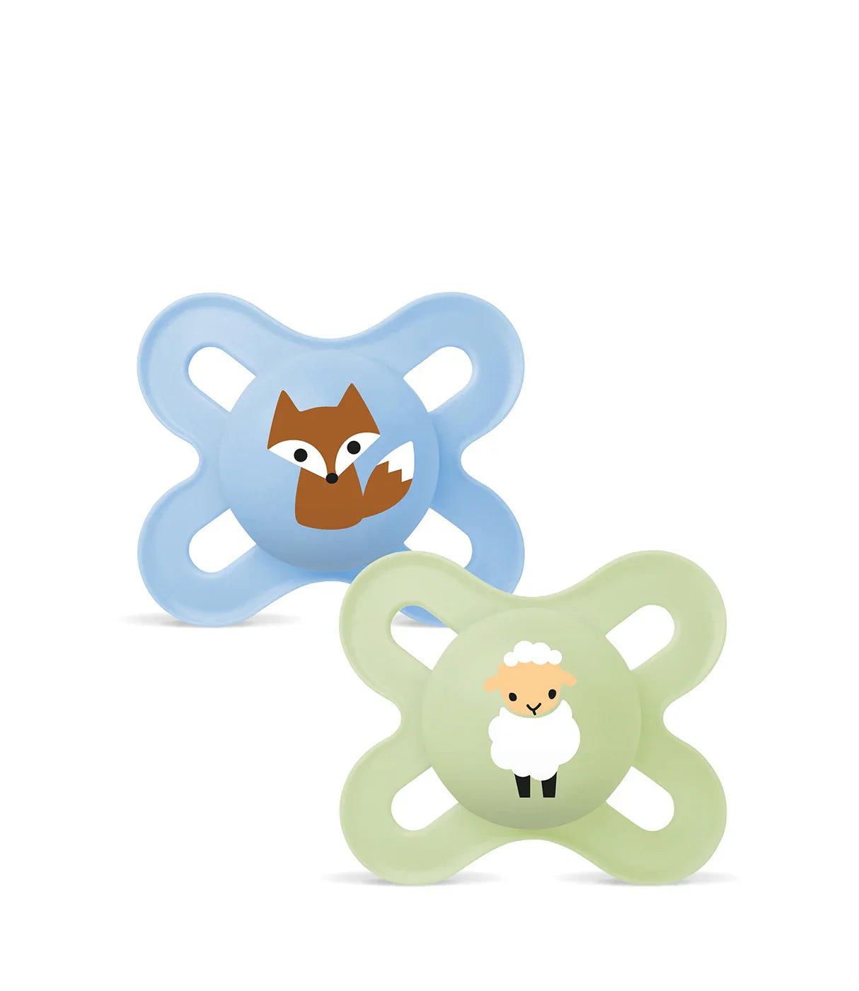 מוצצים לתינוק בצבעים כחול וירוק עם ציור שועל וכבשה, עיצוב חמוד ובטיחותי