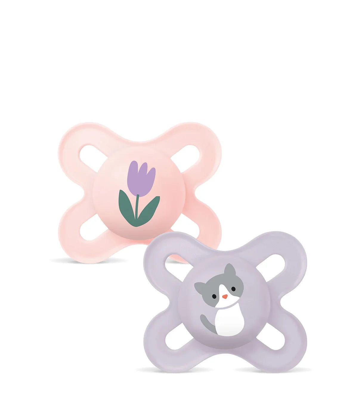 זוג מוצצים לתינוק בצבעי ורוד וסגול עם ציורים של חתול ופרח, עיצוב חמוד ואורתודונטי