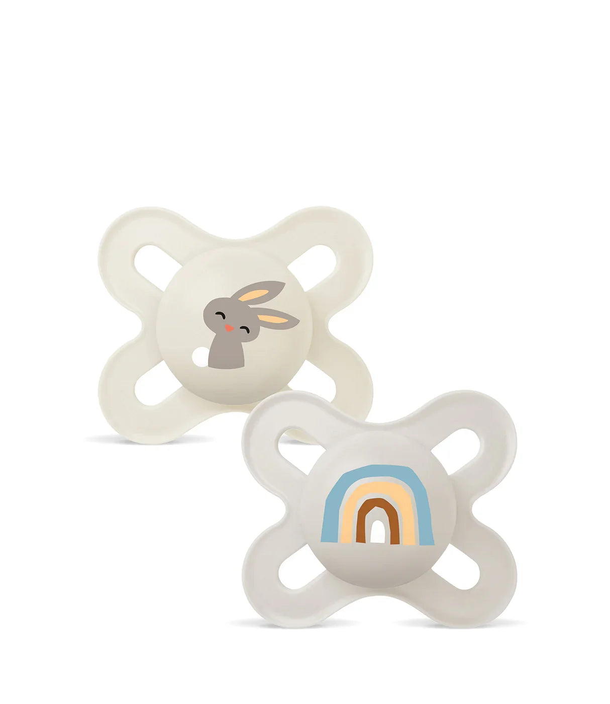 זוג מוצצים לתינוק, אחד עם ציור ארנב ואחד עם קשת בענן, בצבעים עדינים