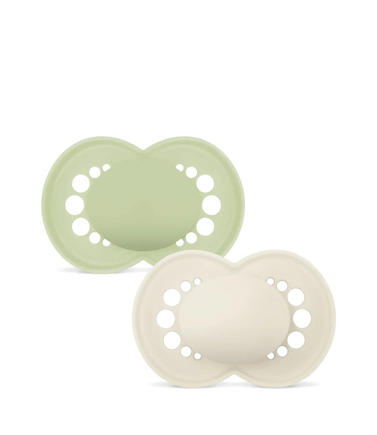 מוצצי תינוקות בז' וירוק בהיר עם עיצוב חורים עגולים, צילום על רקע לבן