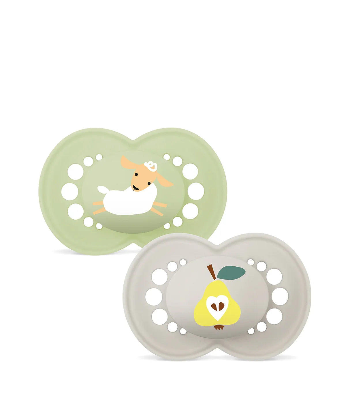 זוג מוצצים לתינוקות, אחד בירוק עם ציור כבש ואחד באפור עם ציור אגס