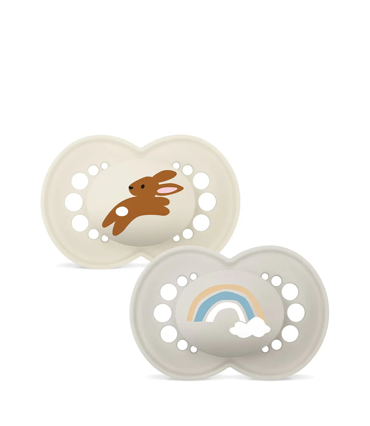 שני מוצצי תינוקות במראה ניטרלי, אחד עם ציור ארנב חום ואחד עם קשת בענן וענן לבן