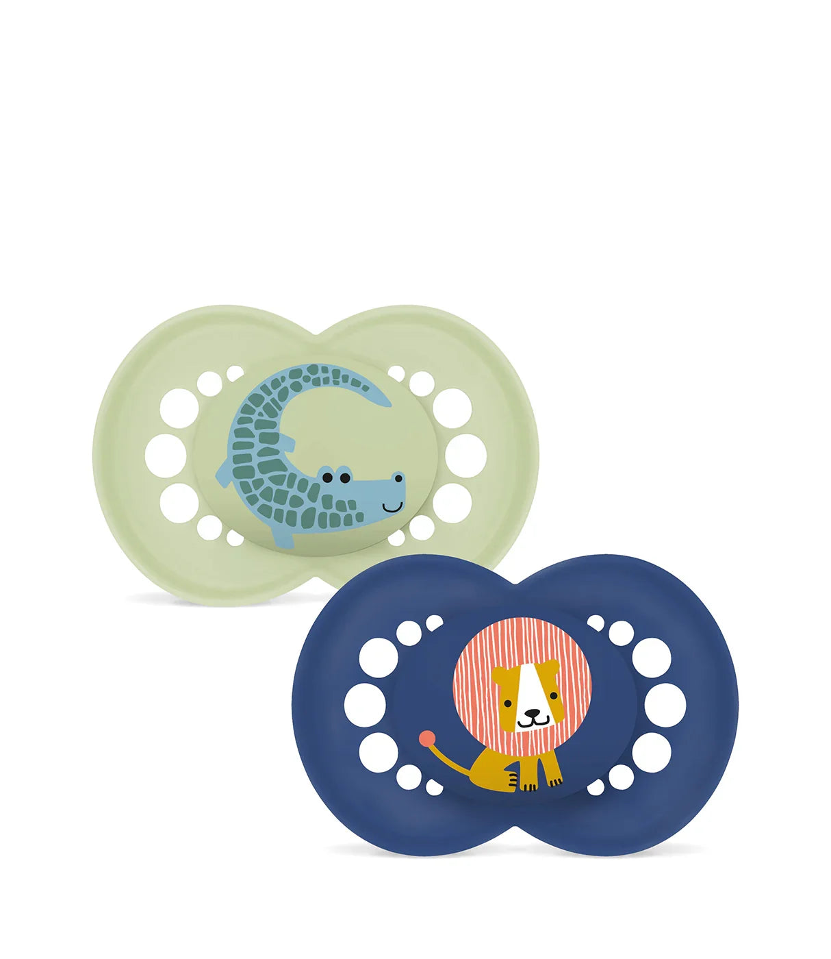 מוצצים לתינוקות בצבע ירוק וכחול עם ציורי תנין ואריה חמודים, אביזרי תינוקות מעוצבים