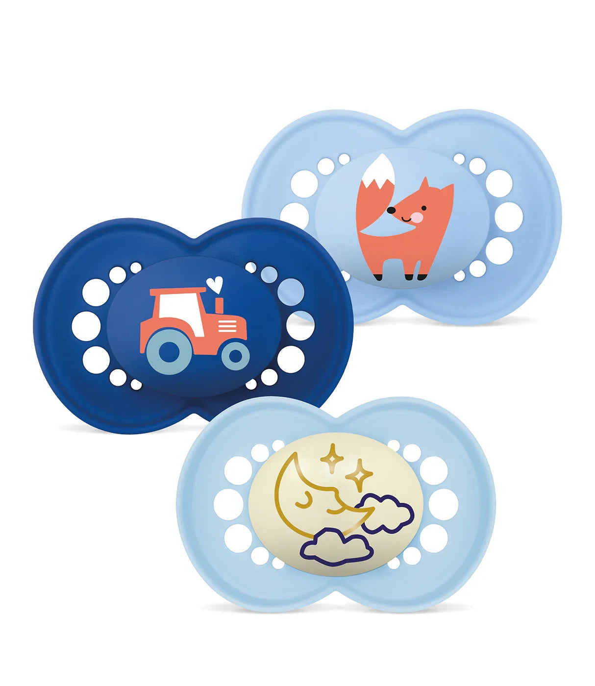 מארז שלושה מוצצים לתינוקות בצבעי כחול עם ציורי טרקטור, שועל וירח מחייך