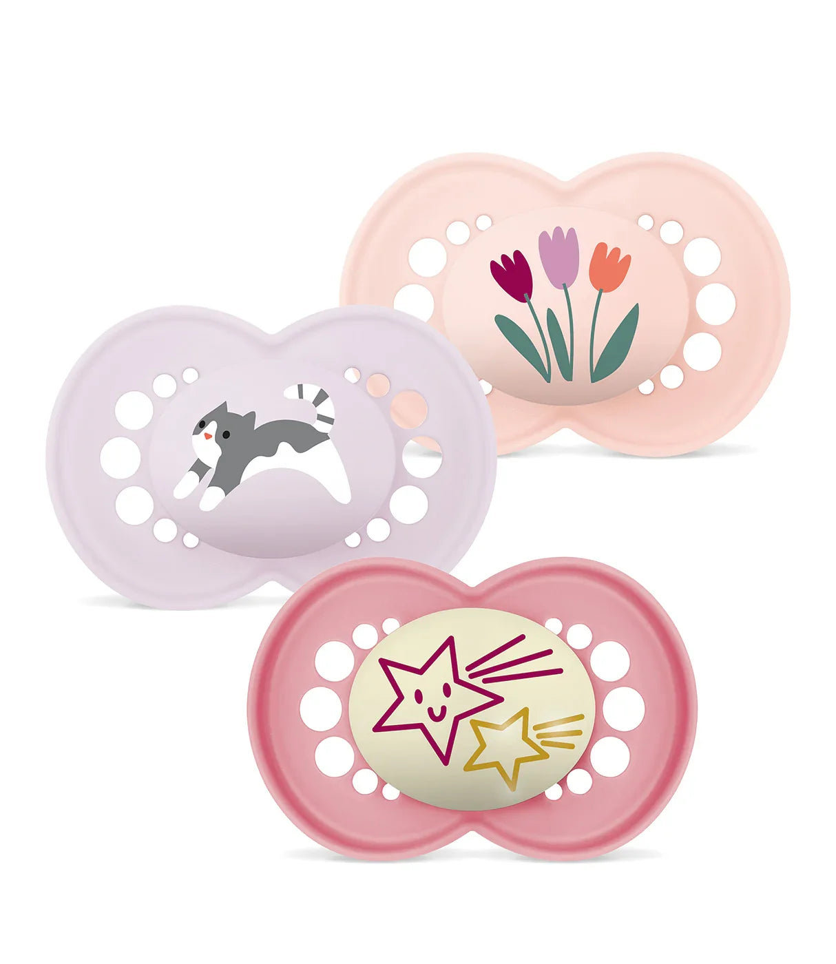 שלישיית מוצצים לתינוקות בעיצוב חיות, פרחים וכוכבים בצבעים ורוד וסגול