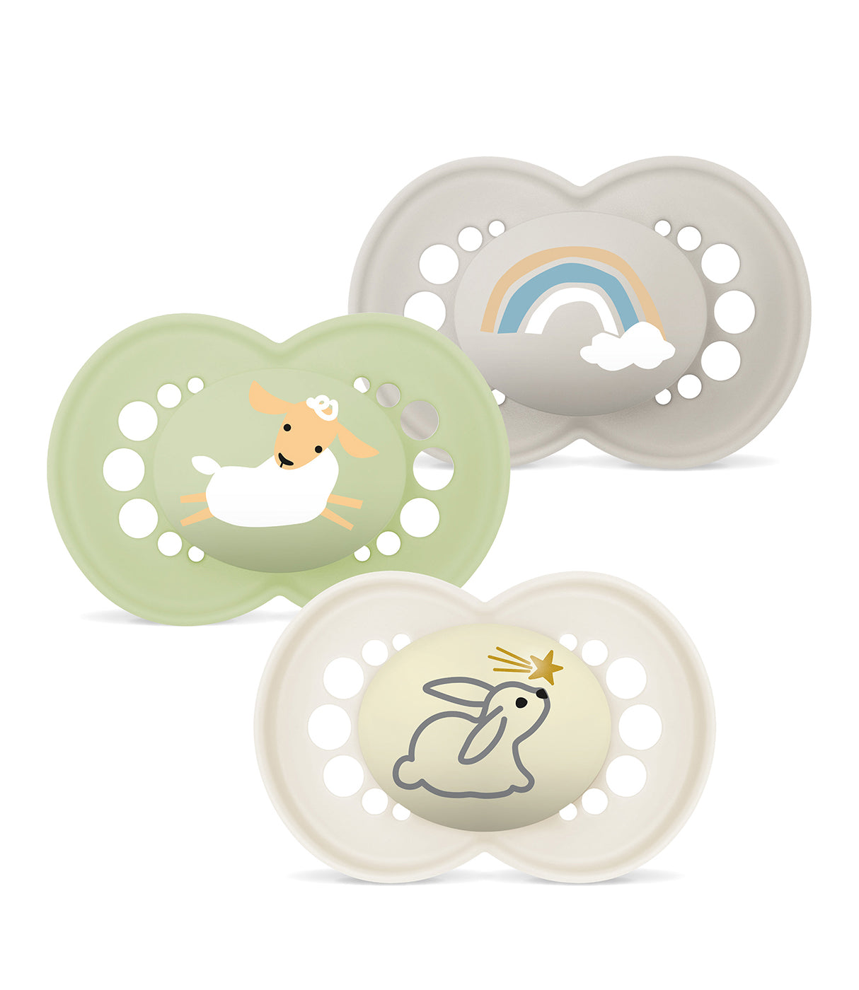 מוצצים צבעוניים לתינוק עם ציורי חיה, קשת בענן וארנב, עיצוב חמוד ובטיחותי