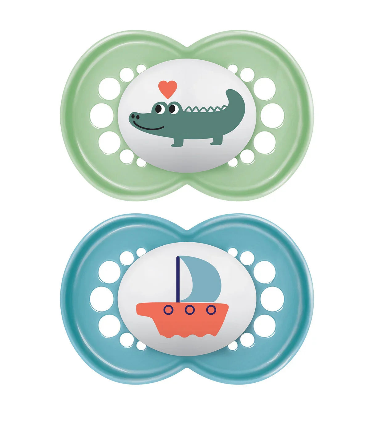 זוג מוצצים לתינוק, אחד ירוק עם איור תנין ולב, ואחד כחול עם איור סירה, עיצוב צבעוני.